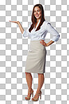 Space, hand and woman on isolated on a png background with gesture for display, product placement and marketing sign. Deal, advertising and isolated girl showing, presenting promo information and announcement