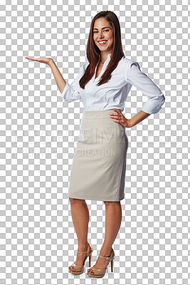 Buy stock photo Portrait, happy woman and hands for business promotion, offer and sales information. Female worker, advertising announcement and review of deal, launch and isolated on a transparent png background 