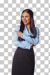 Businesswoman, standing and pointing finger isolated on a png background for advertising. Portrait of female model, business person showing gesture for advertisement against white studio background