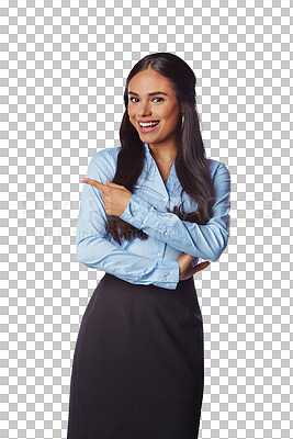 Buy stock photo Portrait of happy woman, business and pointing to advertising, announcement and notification. Female worker, marketing promotion and information of opportunity isolated on transparent png background