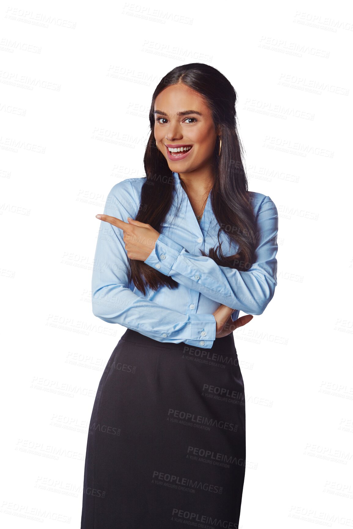 Buy stock photo Portrait of happy woman, business and pointing to advertising, announcement and notification. Female worker, marketing promotion and information of opportunity isolated on transparent png background