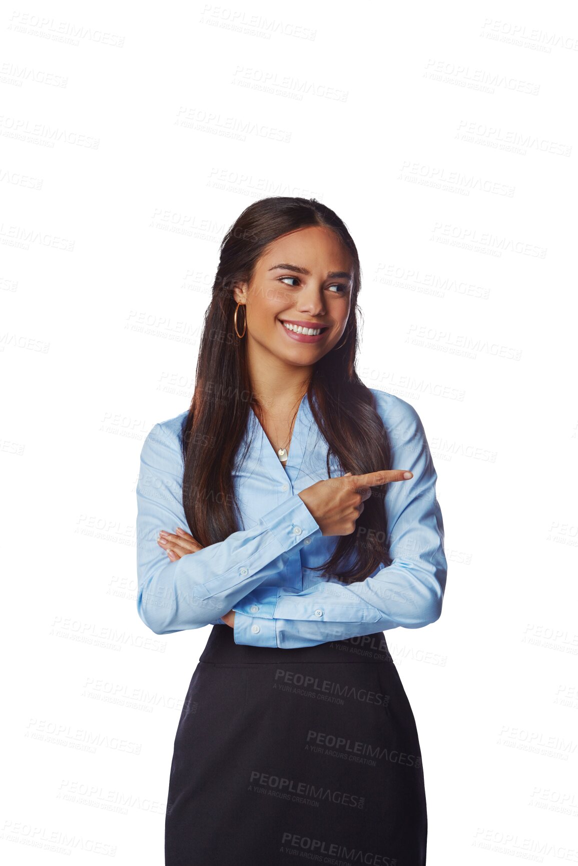 Buy stock photo Business, woman and smile for pointing to promotion while isolated on transparent png background. Happy female worker advertising brand, review and presentation of deal, choice and offer coming soon