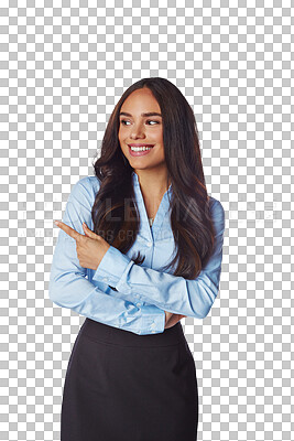 Buy stock photo Business woman, advertising and pointing to announcement, opinion and information. Happy female employee, news review and promotion for professional opportunity isolated on transparent png background