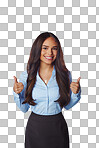 Business woman, smile and thumbs up for discount, deal or winning against isolated on a png background. Portrait of a isolated happy female employee model standing with thumbsup for good job, done or sale