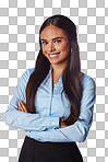 Isolated, business and portrait of woman with arms crossed  in isolated on a png background studio for management, leader and fashion. Happy, smile and confident with Brazilian girl for formal, cute and style