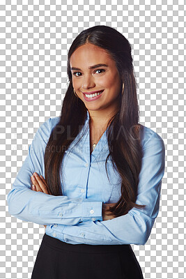Buy stock photo Smile, portrait and business woman with arms crossed isolated on a transparent png background. Professional, happiness and confident female person, entrepreneur and worker with pride for career.