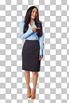 Showing, point and happy businesswoman gesture to a space for marketing ideas while isolated on a png background. Smile, pointing and female corporate worker gesturing to an area for advertising