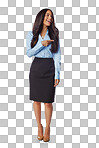 Pointing, smile and happy businesswoman showing a marketing space while isolated on a transparent, png background. Corporate female, hand gesture and show a promo area for a business idea