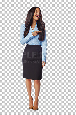 Buy stock photo Happy woman, pointing and promotion of professional presentation, news or brand announcement. Female worker advertising launch of business deal, sales offer and isolated on transparent png background