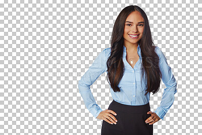 Buy stock photo Hand on hips, portrait and business woman isolated on a transparent png background. Professional, happiness and confident female person or entrepreneur from Brazil with pride for career or job.