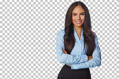 Buy stock photo Portrait, smile and business woman with arms crossed isolated on a transparent png background. Professional, happiness and confident female person or entrepreneur from Brazil with pride for career.