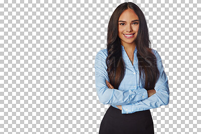 Buy stock photo Smile, portrait and business woman with arms crossed isolated on a transparent png background. Professional, happiness and confident female person or entrepreneur from Brazil with pride for career.