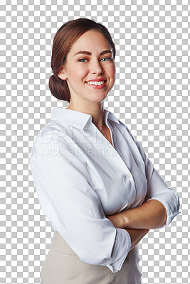 Buy stock photo Happy, business pr professional portrait of woman with a smile and arms crossed. Happiness, confidence and female lawyer with pride for career and success isolated on a transparent, png background
