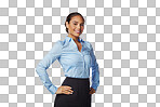 Confidence, smile and portrait of a businesswoman proud of her positive mindset and corporate style. Isolated, transparent and png background with happy female staff employee with pride