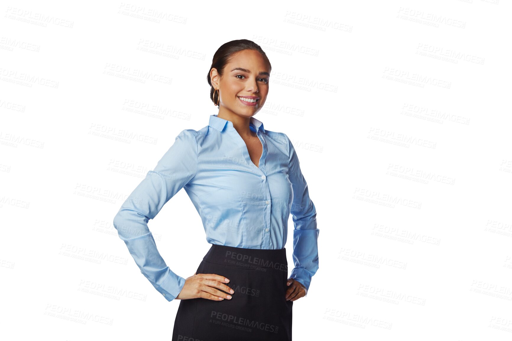Buy stock photo Hands on hip, portrait and business woman isolated on a transparent png background. Professional, happiness and confident female person, executive or entrepreneur from Brazil with pride for career.
