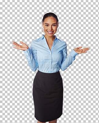 Buy stock photo Palm, portrait and business woman excited for surprise, deal or promotion. Professional female person hands and smile for advertising, choice or presentation isolated on transparent, png background
