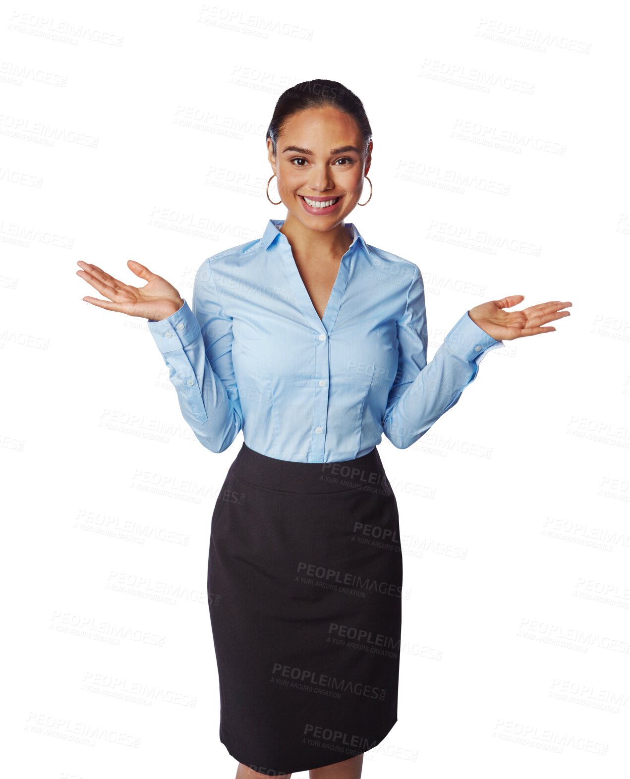 Buy stock photo Palm, portrait and business woman excited for surprise, deal or promotion. Professional female person hands and smile for advertising, choice or presentation isolated on transparent, png background
