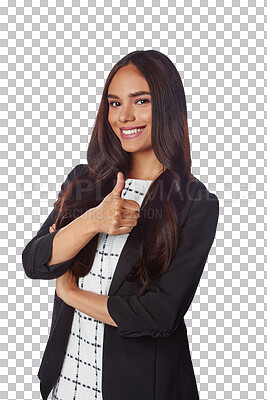 Smile, businesswoman and thumbs up portrait for like, positive review and good news while isolated on a transparent, png background. Confident, female and staff with gesture for success and winning