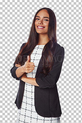 Buy stock photo Thumbs up, portrait and happy business woman isolated on transparent png background for trust, support and yes. Female worker, thumb and pride of winner, thank you and like emoji, review and feedback