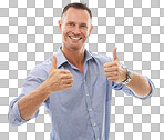 A Portrait, thumbs up and business man. Thumbsup, support and happy male with hand gesture for like emoji, approval or thank you, yes and success motivation isolated on a png background