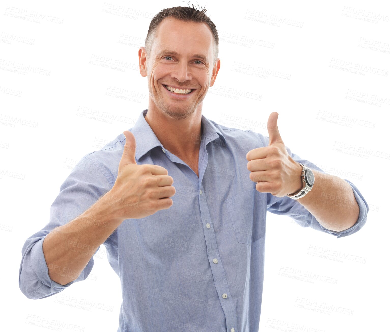 Buy stock photo Thumbs up, smile and portrait of business man isolated on a transparent png background. Like, hand gesture and male professional with emoji for success, winning or approval, agreement and thank you.