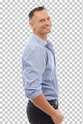 Buy stock photo Portrait, happy and PNG with a business man isolated on a transparent background for a professional career. Mindset, vision and smile with a mature male employee standing in a corporate company