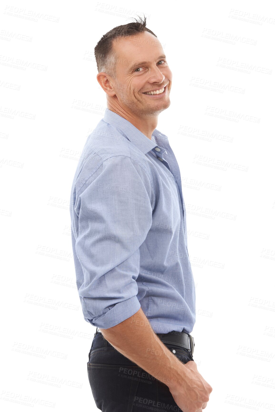 Buy stock photo Portrait, happy and PNG with a business man isolated on a transparent background for a professional career. Mindset, vision and smile with a mature male employee standing in a corporate company