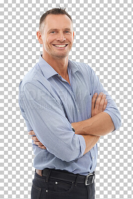 Buy stock photo Arms crossed, happy portrait and man isolated on transparent, png background with business leadership. Face of an employee, professional person or model with proud smile and mindset for career