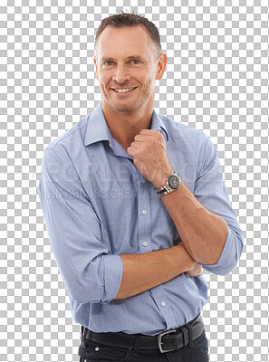 Buy stock photo Portrait, smile and PNG with a business man isolated on a transparent background for a professional career. Mindset, vision and happy with a mature male employee standing in a corporate company