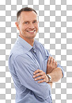 Arms crossed, pride and portrait of a man with confidence. Smile, happiness and mature person with positivity, work vision and motivation on a backdrop isolated on a png background