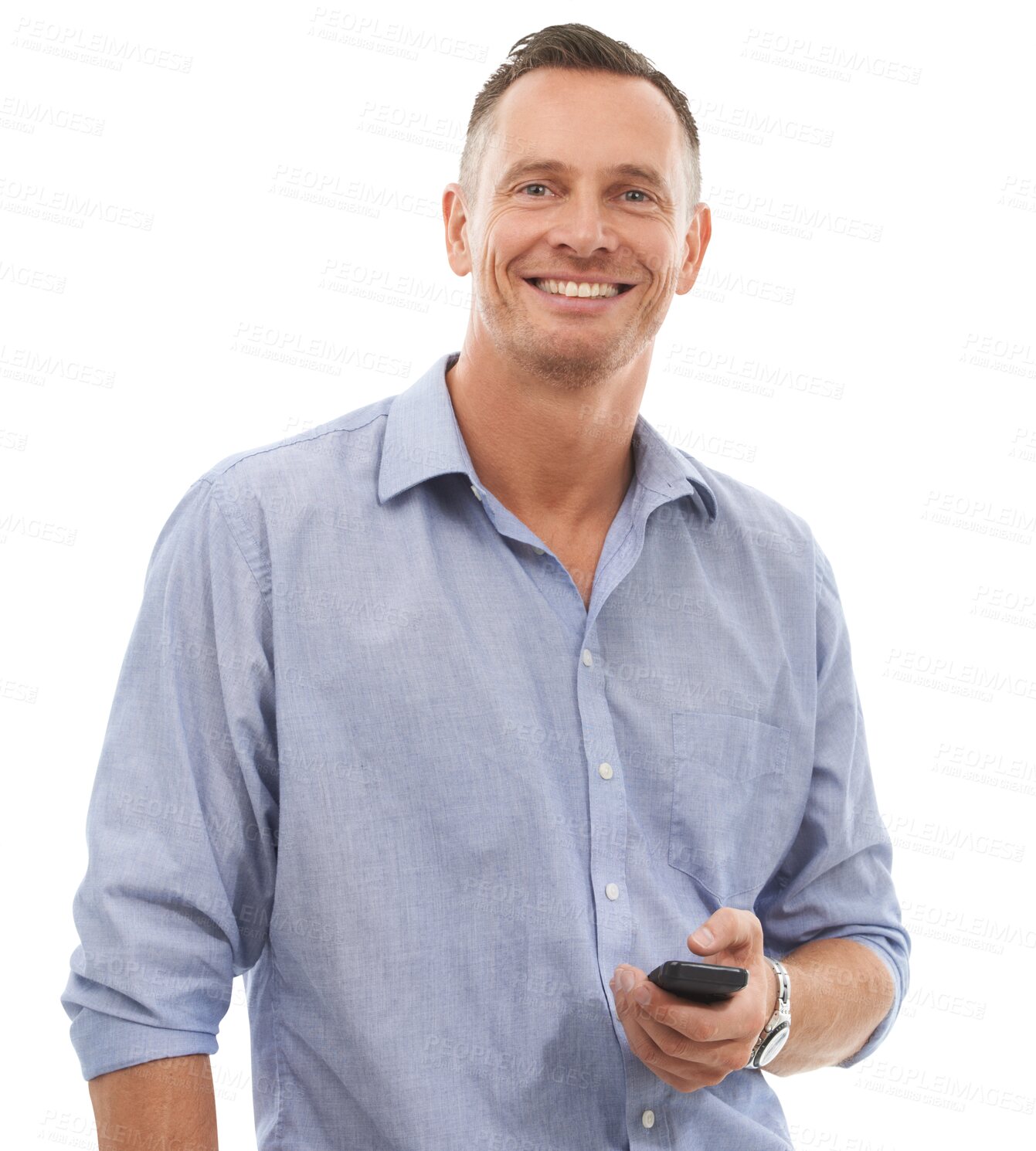 Buy stock photo Portrait, phone and businessman for communication, email and internet with a smile. Technology, happy and mature male entrepreneur with a mobile for networking isolated on transparent png background