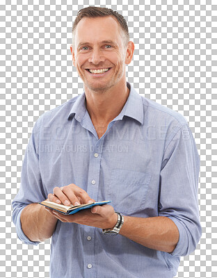 Buy stock photo Notes, happy portrait and man isolated on transparent, png background for business planning or management. Face of an employee, professional person or model with notebook and career or job mindset