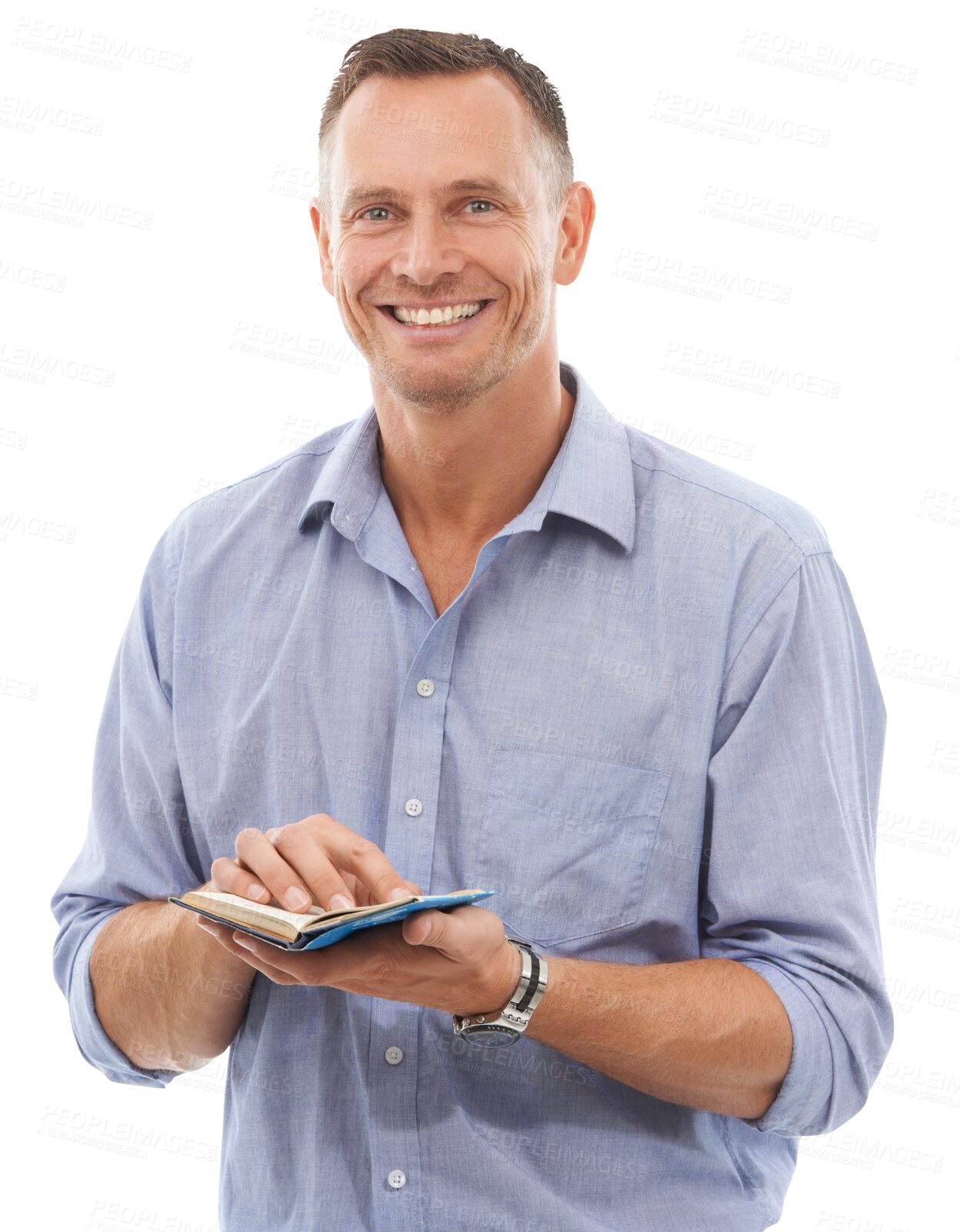 Buy stock photo Notes, happy portrait and man isolated on transparent, png background for business planning or management. Face of an employee, professional person or model with notebook and career or job mindset