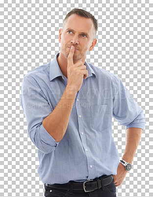 Buy stock photo Business man thinking, finger on mouth and focus with inspiration isolated on transparent, png background. Professional male with thoughtful expression, contemplating and solution with ideas