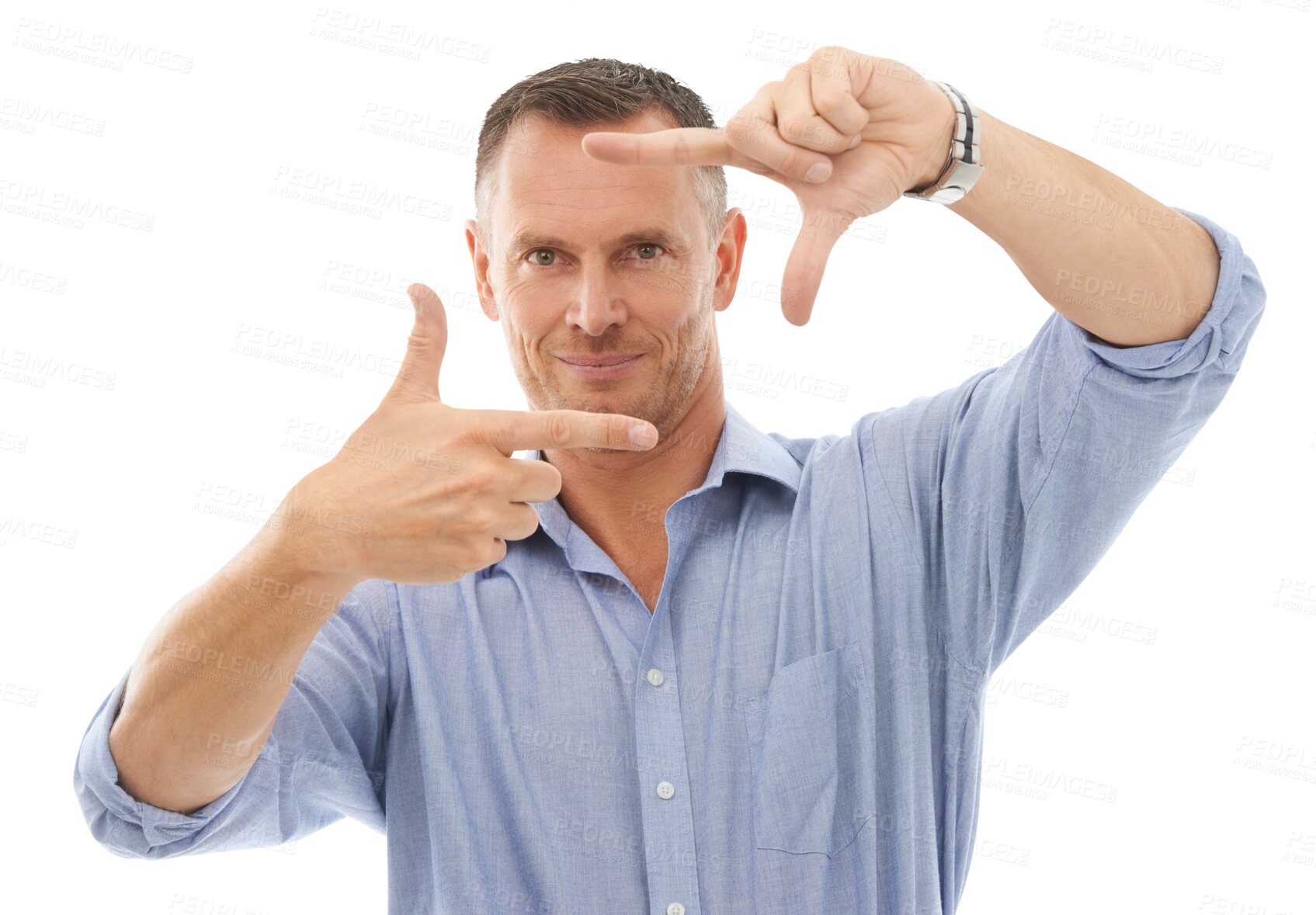 Buy stock photo Man, hands and portrait smile with frame for perfect picture, memory and multimedia. Happy, businessman and framing face with fingers for photo capturing isolated on a transparent png background