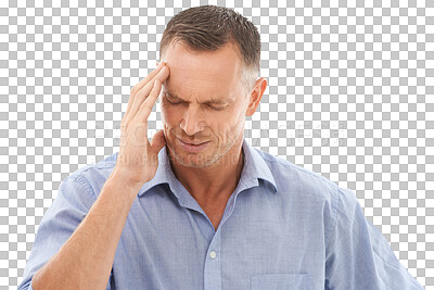 Buy stock photo Stress, headache and mature man in pain isolated on transparent, png background for migraine, burnout or fatigue. Brain fog, health risk or confused, business person massage temple with mind problem