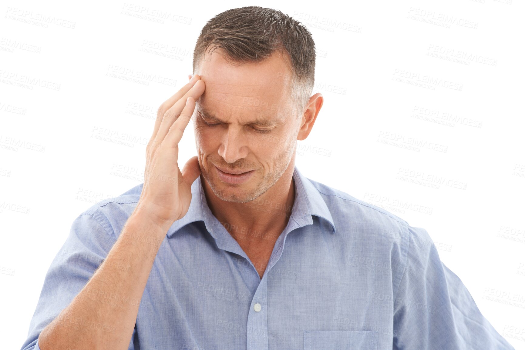 Buy stock photo Stress, headache and mature man in pain isolated on transparent, png background for migraine, burnout or fatigue. Brain fog, health risk or confused, business person massage temple with mind problem