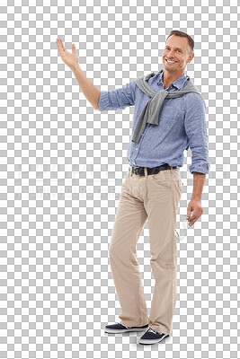 Buy stock photo Mature, hand or portrait of happy man with smile alone on isolated and transparent png background. Sale, advertising deal offer or person showing or marketing fashion promotion or clothing sales deal