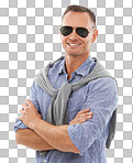 Arms crossed, cool and portrait of a man with sunglasses. Happy, confident and relaxed mature guy with confidence, style and shades for summer on a backdrop isolated on a png background