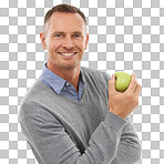 A portrait, healthy diet and apple fruit for health, eating and wellness. Model person with nutrition vegan food for benefits, smile motivation and clean eating isolated on a png background