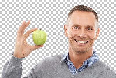 Buy stock photo Smile, healthy or portrait of happy man with an apple or food isolated on transparent png background. Nutrition vitamins, fiber or mature person smiling with fruit to lose weight, diet or wellness 