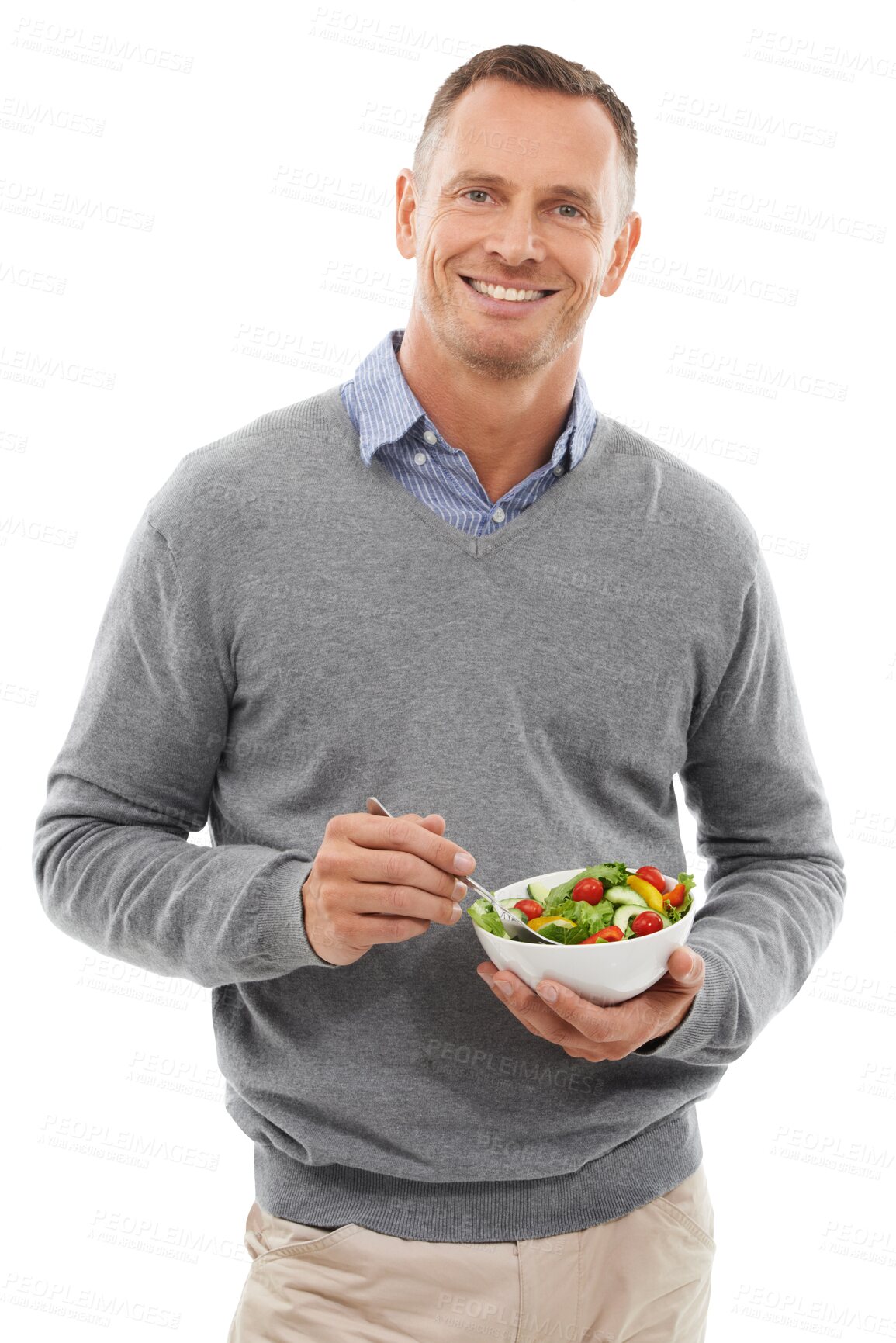 Buy stock photo Healthy, salad or portrait of happy man with a smile isolated on transparent png background. Clean food, hungry or mature person eating vegan diet meal to lose weight, nutrition vitamins or wellness 