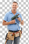 Measuring tape, construction worker and man with tools for engineering, maintenance and building. Manual labor, repair service and contractor, builder and handyman with gear belt on isolated on a png background