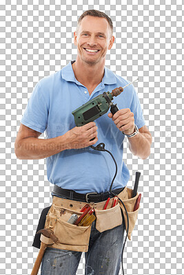 Buy stock photo Portrait, drill and PNG with a contractor man isolated on a transparent background for maintenance. Construction, diy and power tools with a mature engineer or handyman working on a building project