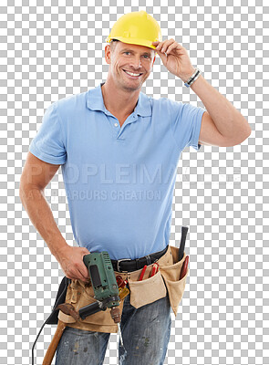 Buy stock photo Portrait, construction and PNG with a contractor man isolated on a transparent background for maintenance. Building, diy and tool belt with a mature engineer or handyman working on a labor project