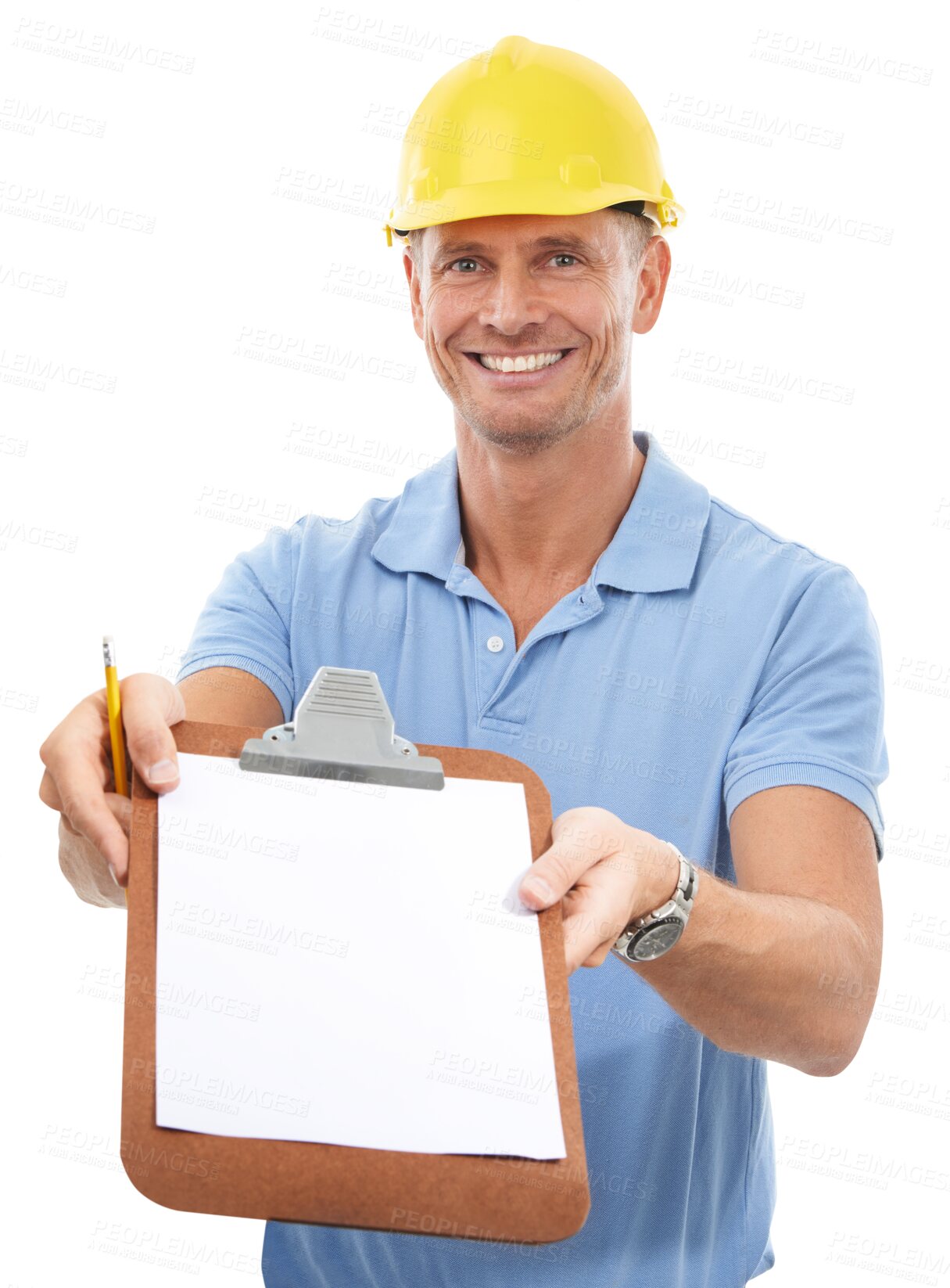 Buy stock photo Portrait, clipboard and PNG with a contractor man isolated on a transparent background for maintenance. Construction, diy and contract with a mature engineer or handyman working on a labor project