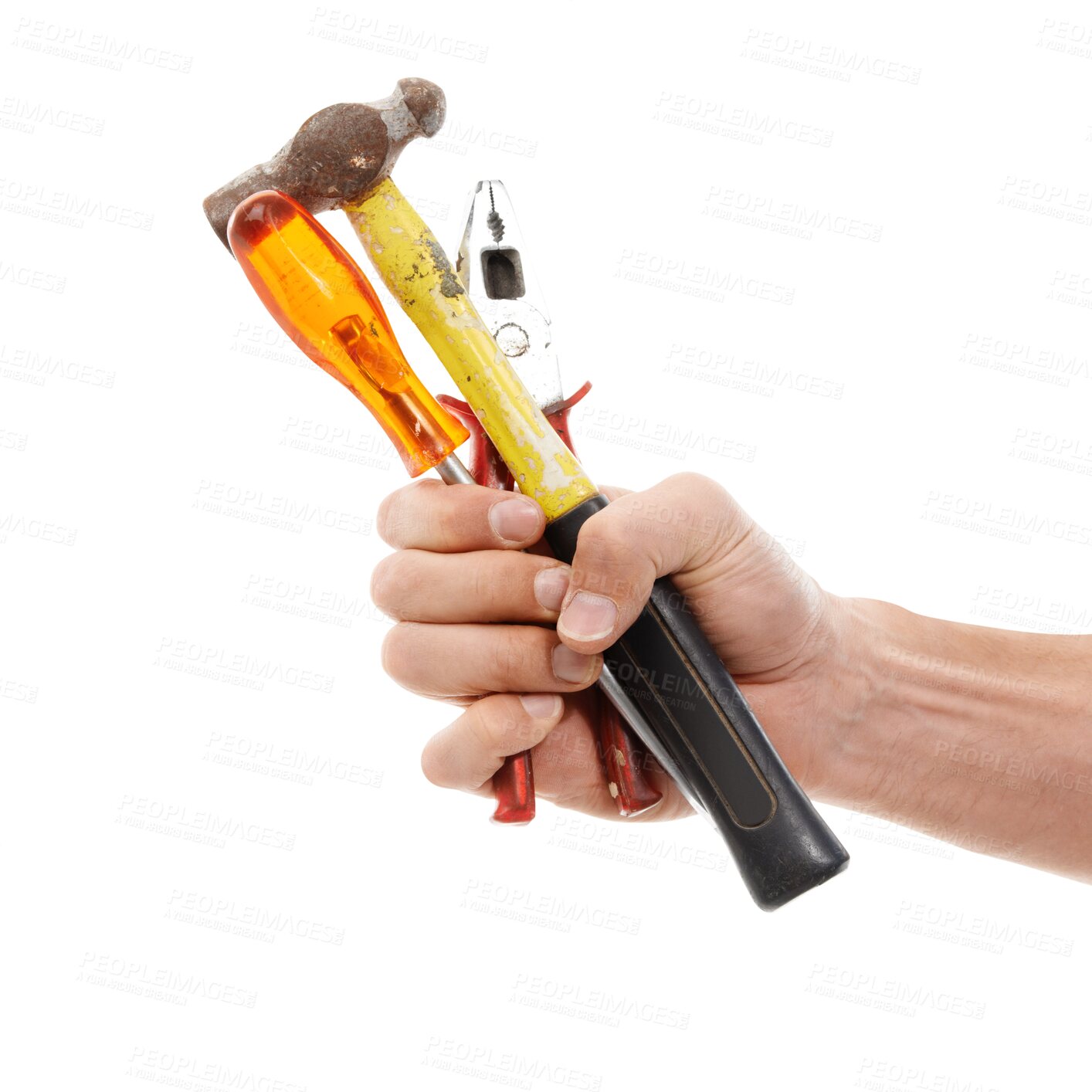 Buy stock photo Handyman, industry and hand with tools for repairs, maintenance or building. Industry, repairman and male industrial worker with hammer, screwdriver and pliers isolated on transparent, png background