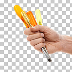 Screwdriver tools, man hands or construction worker, carpenter or contractor with workshop repair equipment. Metal object, maintenance handyman or industry builder isolated on a png background