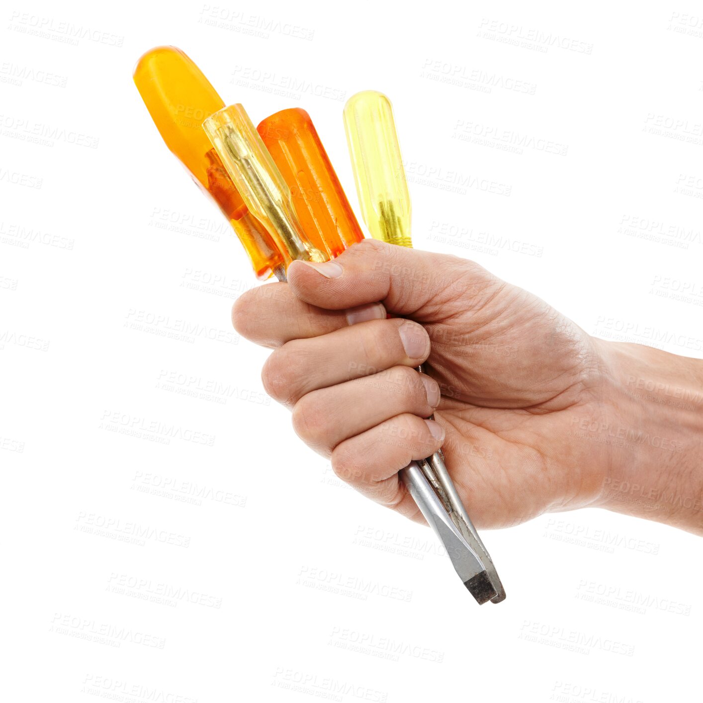 Buy stock photo Screwdriver tools, man hands or construction worker, carpenter or contractor with equipment. Repair object, maintenance handyman or industry builder for service isolated on transparent png background