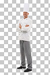 Chef, full body portrait and man confident smile, cafe owner and small business leader in restaurant industry. happy executive cook in uniform and arms crossed in isolated on a png background